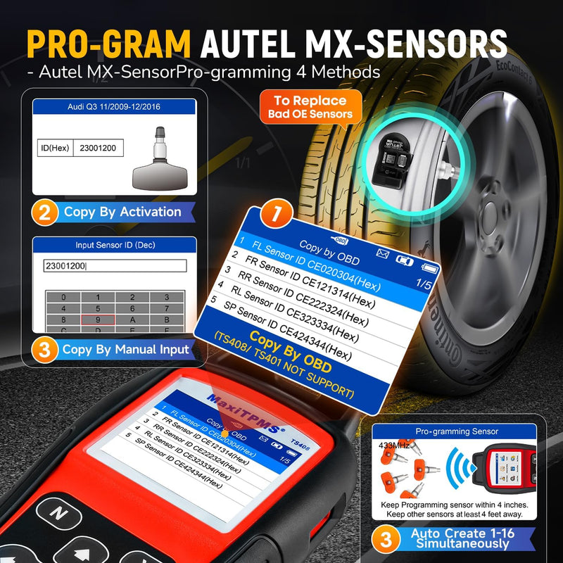 Autel MaxiTPMS TS508WF KIT mit 4 2-IN-1 Metall MX-Sensoren [Wert €120], 2024 WiFi TPMS Programmierun