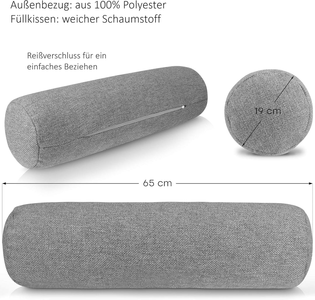 Monsera Extra Lange Nackenrolle - 19x65 cm, weich u. formstabil, fein melierter Bezug, Füllkissen au