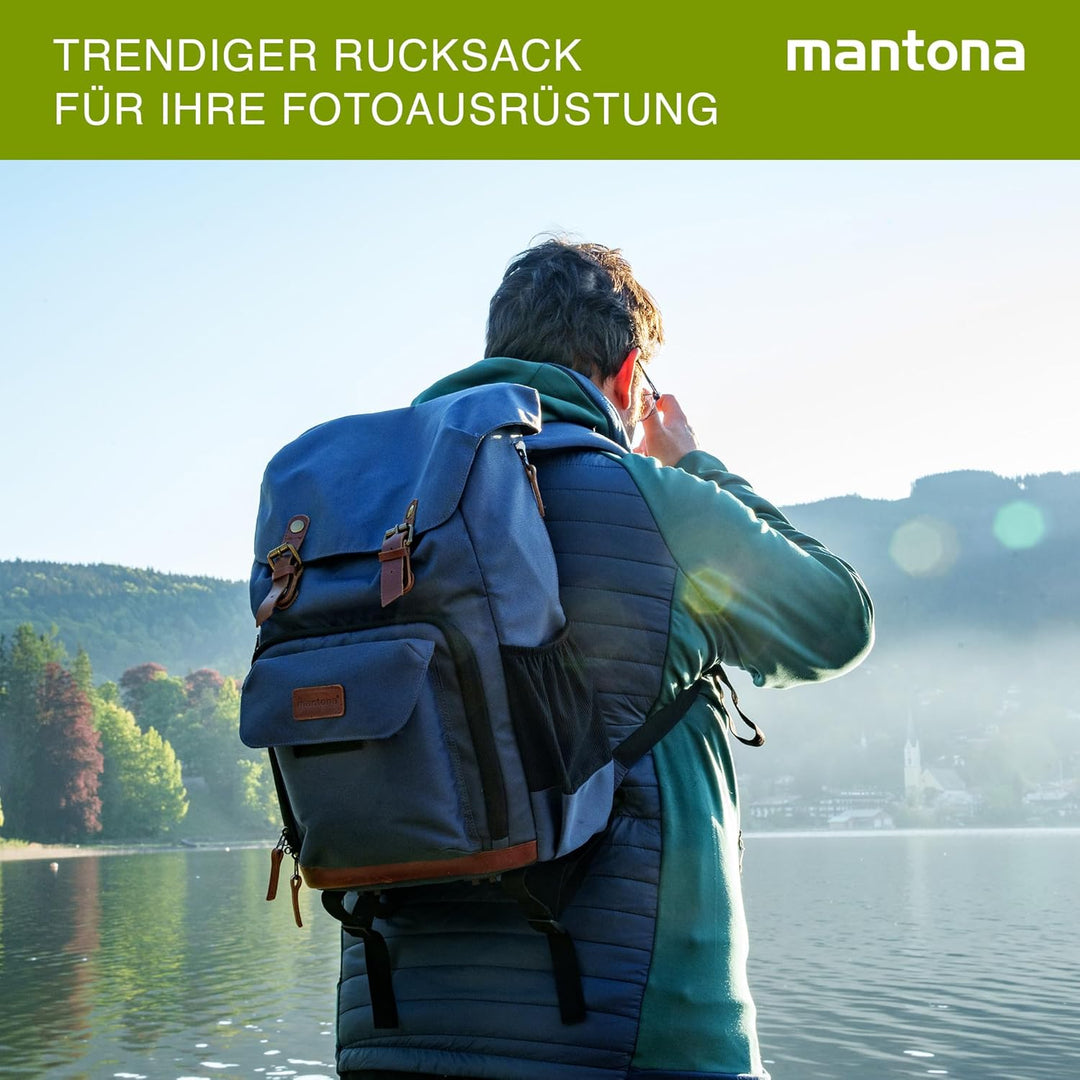 Mantona 21503 Luis Retro Fotorucksack (mit Echtleder-Applikationen, inkl. Regenschutzhülle, flexible