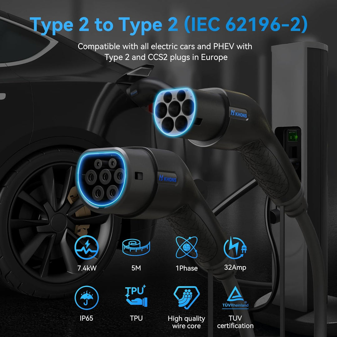 Typ 2 Ladekabel 32A/7.4 kW/1-Phasig/5 Meter Elektroauto Ladekabel Typ 2 auf Typ 2 EV Ladekabel für E