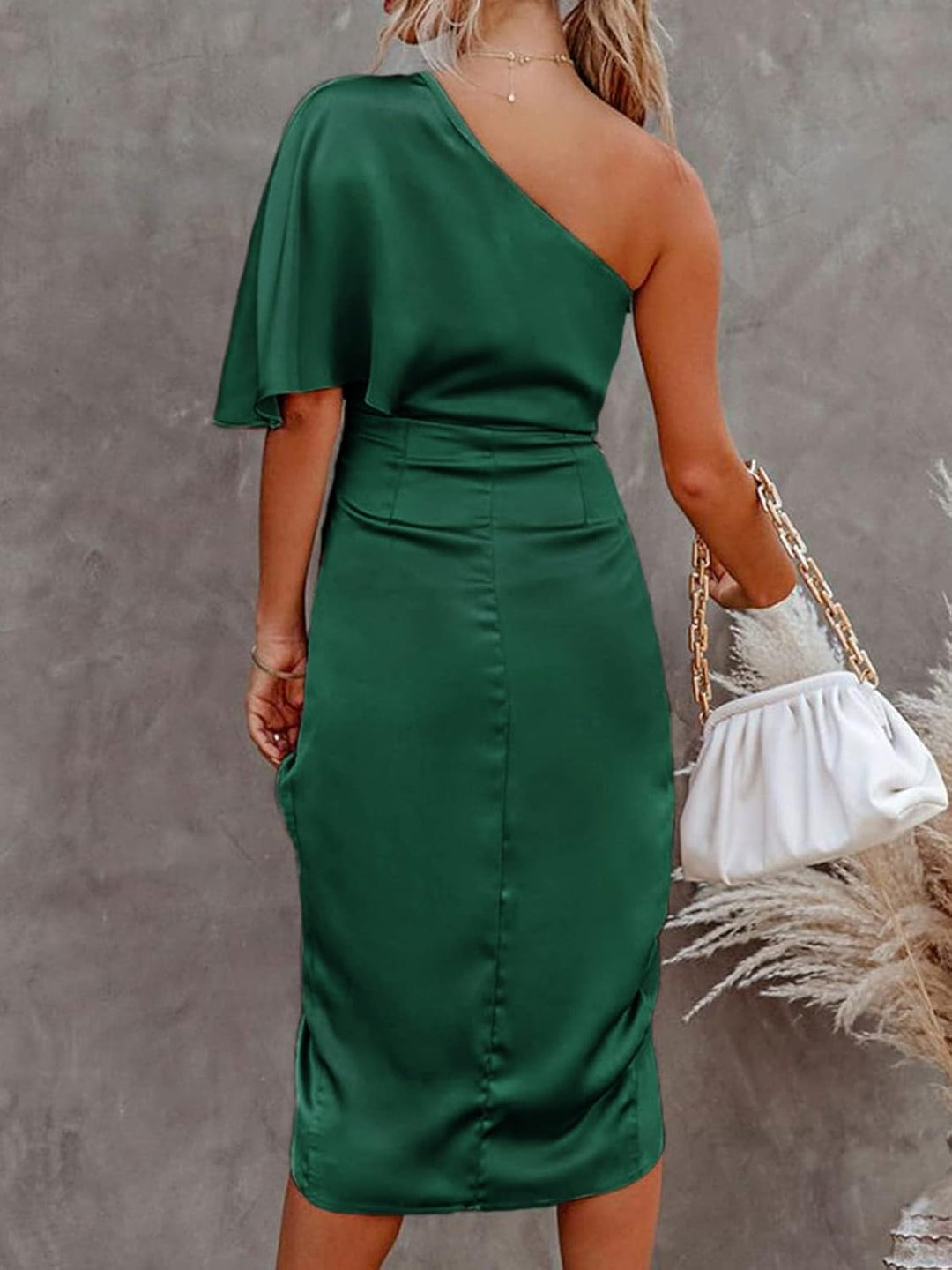 CUPSHE Damen One Shoulder Kleid in Satinoptik Raffungen Beinschlitz Asymmetrischer Partykleid Cockta