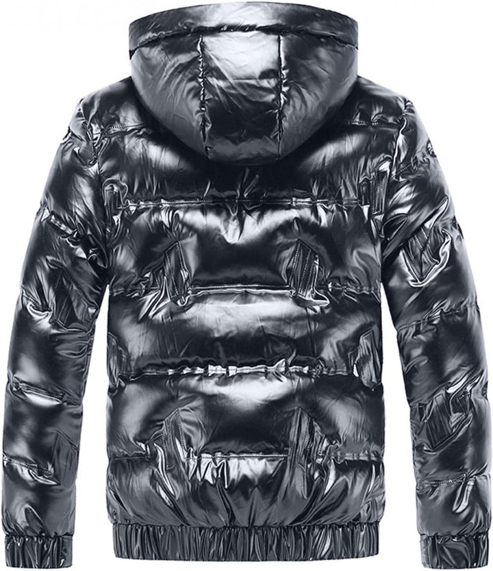 Daunenjacke Herren Glänzend Winterjacke Dicke Übergangsjacke mit Kapuze Lange Ärmel Mode Warm Outdoo