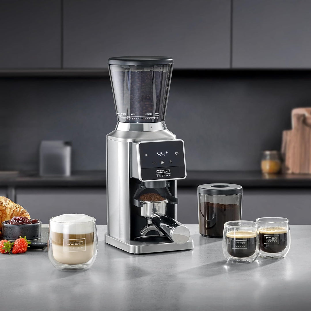 CASO BaristaChef Inox Pro - elektrische Kaffeemühle, mit Siebträgerhalterung