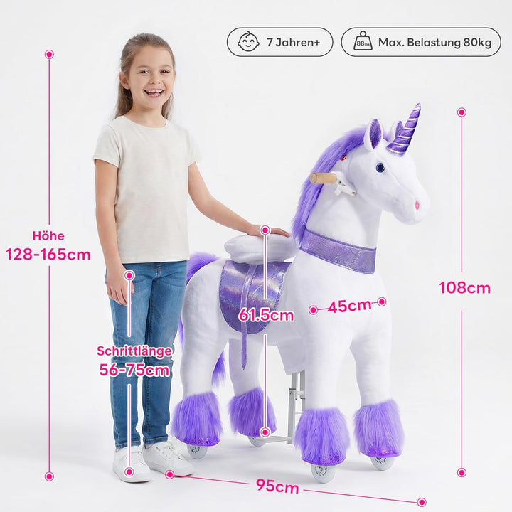 PonyCycle Einhorn mit Rollen, für Erwachsene/Kinder ab 7, 76cm Hoch, Reitpferd mit Rollen mit Handbr