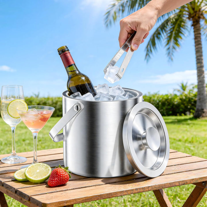 Eiswürfelbehälter Edelstahl 3L Doppelwandig, Eiskübel Set mit Deckel Eisschaufel und Zange, Perfekt