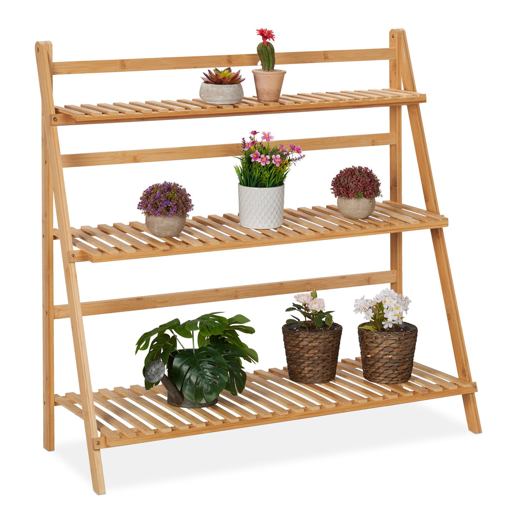 Relaxdays Blumenregal aus Bambus, Pflanzenständer mit 3 Ebenen, HxBxT: 96 x 99,5 x 37 cm, klappbare