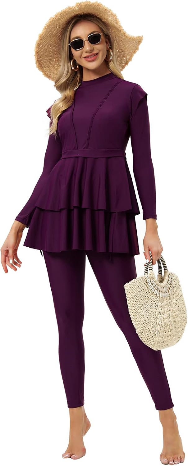 seafanny Damen Modest Badeanzug Langarm Burkini Full Cover Muslim Badeanzug 36 Wein Rot, 36 Wein Rot