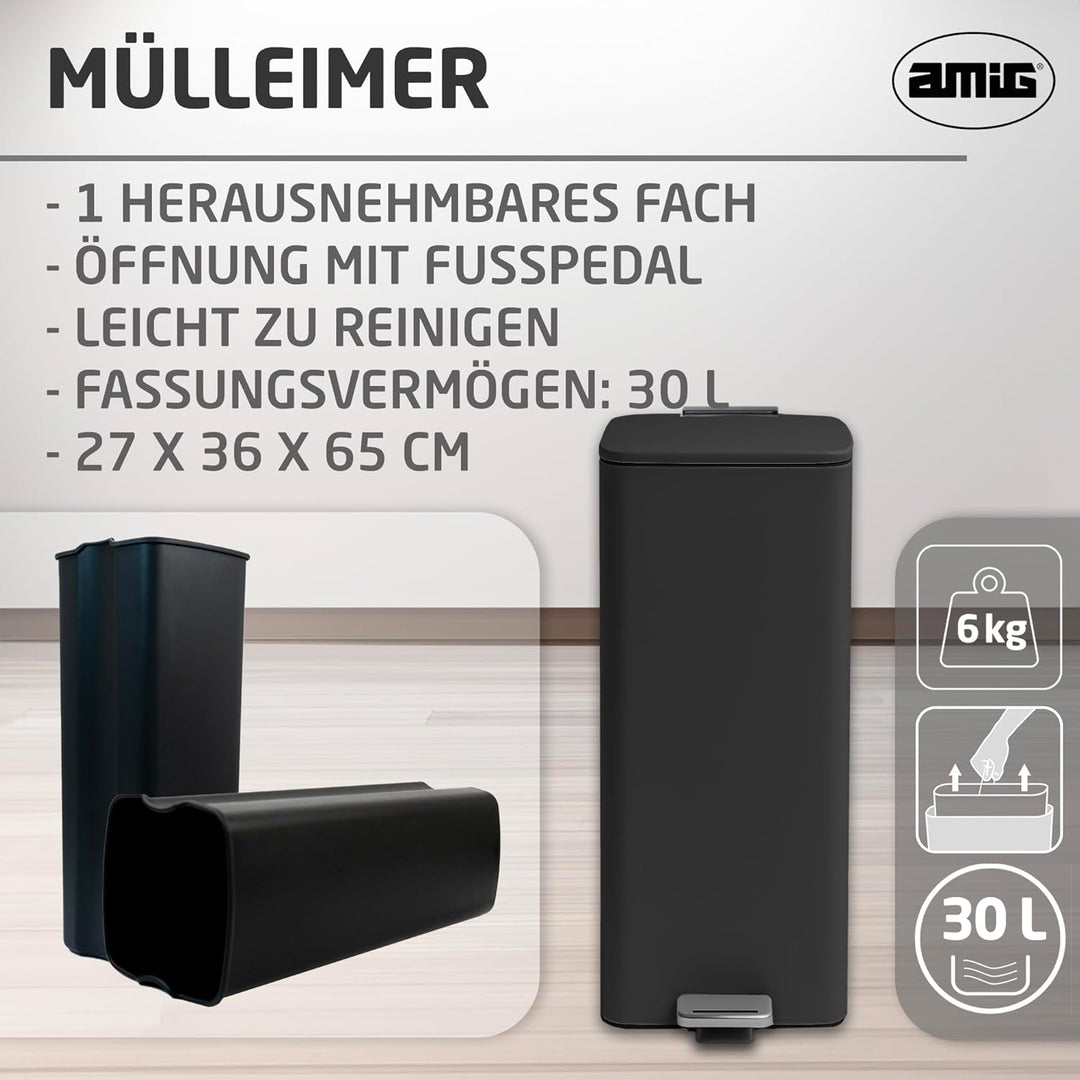 Amig - Mülleimer mit Pedal 30 Liter Mod. Artvin - Farbe Schwarz - Hygienische, freihändige Öffnung -