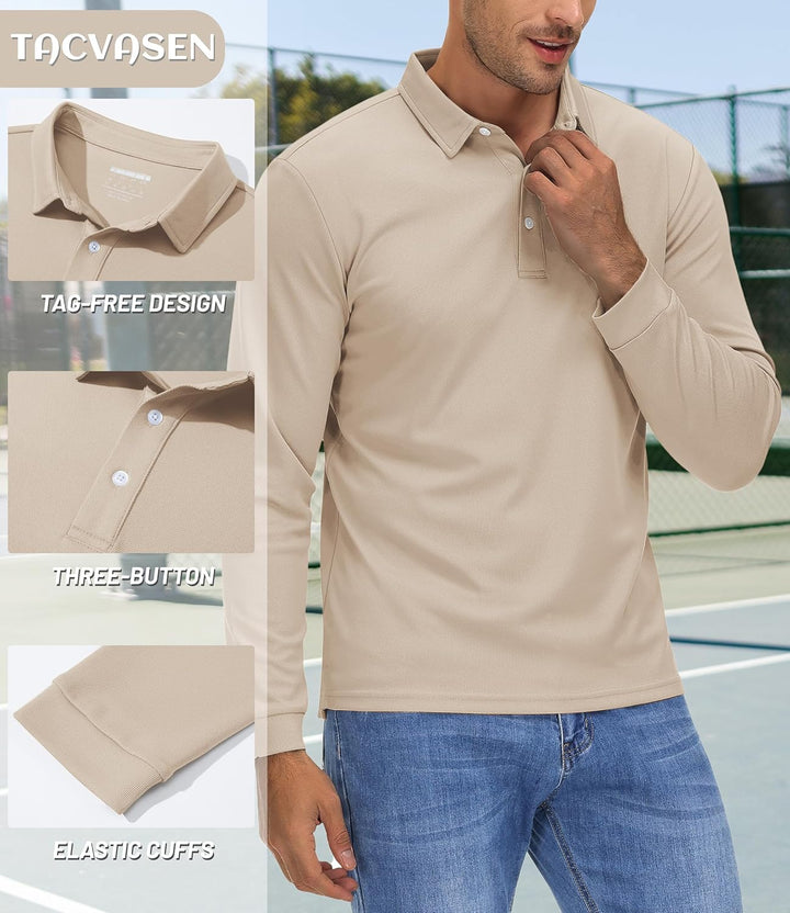 TACVASEN Herren Poloshirt Langarm Golf Polo Schnelltrocknend Funktionsshirts Leicht T-Shirts mit 3-K