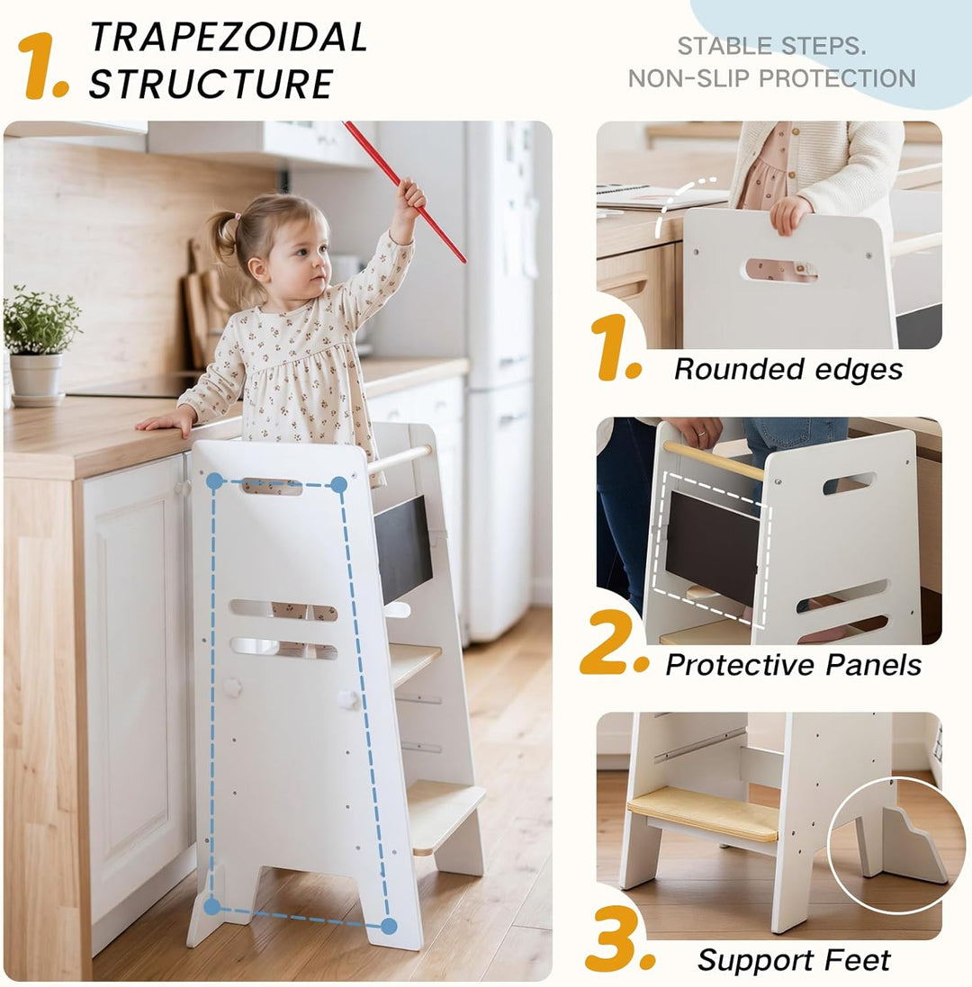 Labebe Montessori Lernturm ab 1 Jahr, 3-in-1 Learning Tower mit Tafel & Sitzbrett, 3-Fach höhenverst