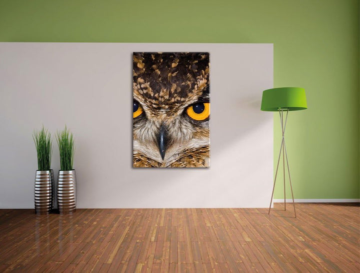 Eule mit gelben Augen, Format: 100x70 auf Leinwand, XXL riesige Bilder fertig gerahmt mit Keilrahmen