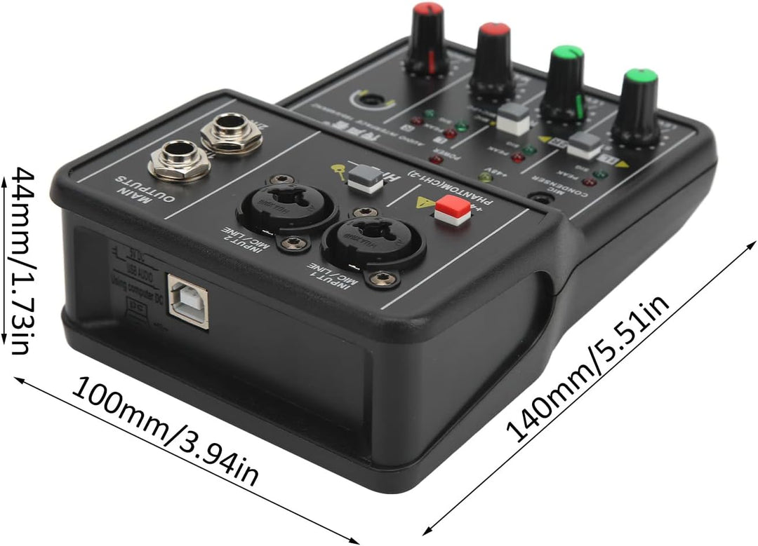 2-Kanal-Audio-Mixer,Professioneller Audio-Mixer, USB 48V Phantomspeisung, kompaktes Sound-Mischpult,
