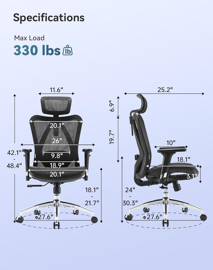 SIHOO M57 Ergonomischer Bürostuhl, Chefsessel mit 3D verstellbare Armlehne und Lendenwirbelstütze, H