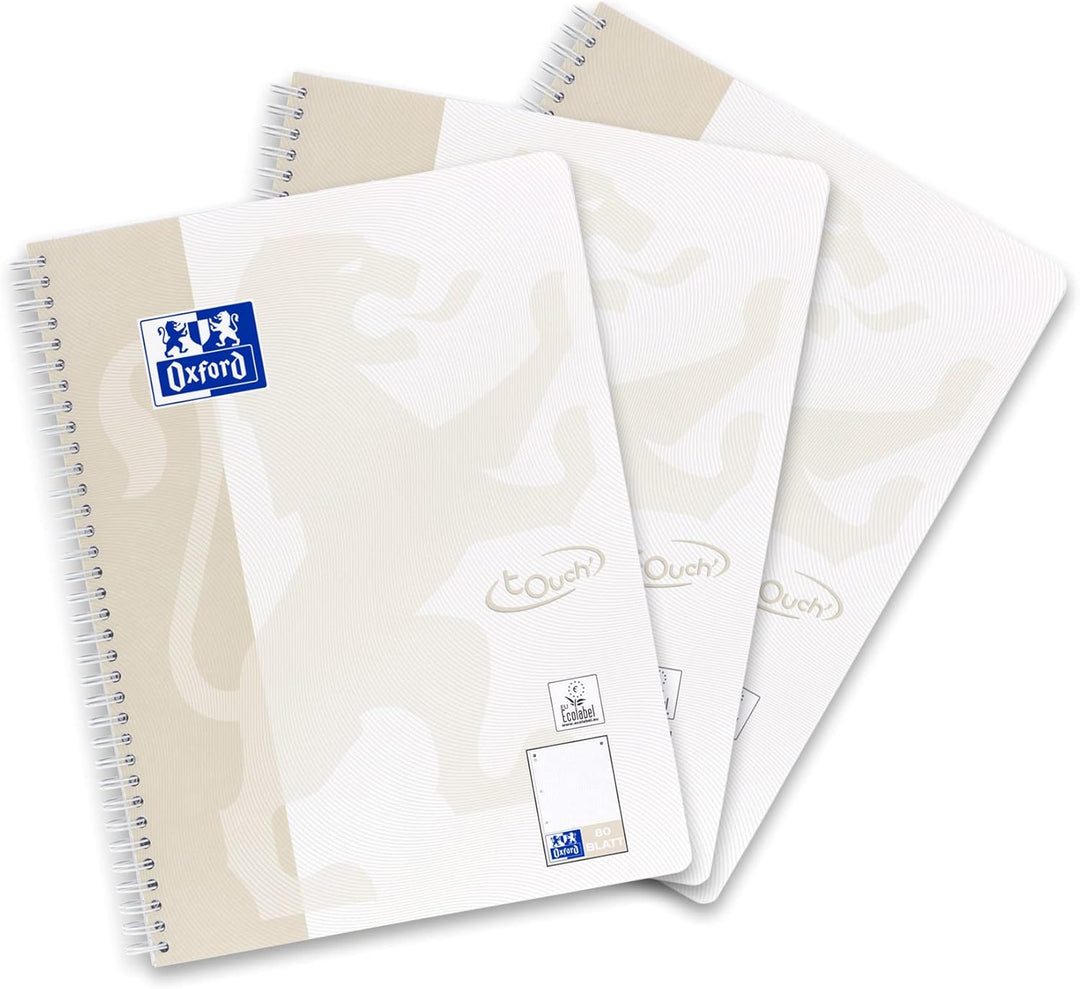 Oxford Touch Collegeblock A4 punktkariert/dotted, 160 Seiten, lichtgrau, 3 Stück Single, Single