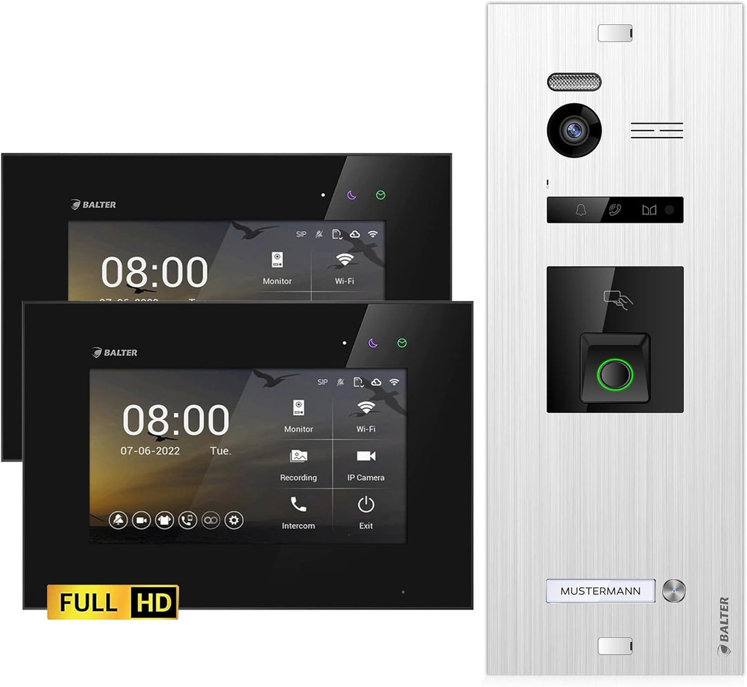 Balter EVO-HD Video Türsprechanlage mit Fingerprint, Video Türklingel, 1 Familienhaus, 2X 7 Zoll Mon