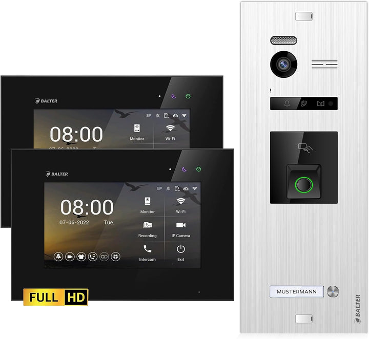 Balter EVO-HD Video Türsprechanlage mit Fingerprint, Video Türklingel, 1 Familienhaus, 2X 7 Zoll Mon