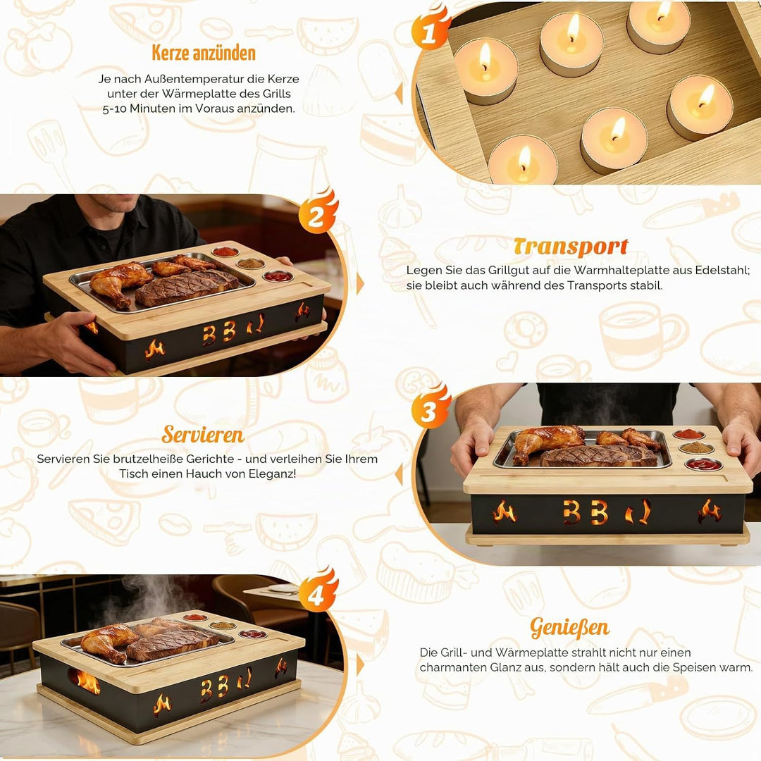 Warmhalteplatte Grillgut, Holz Speisenwärmer mit 304 Edelstahl Grillplatte und Dip-Schale, BBQ Fleis