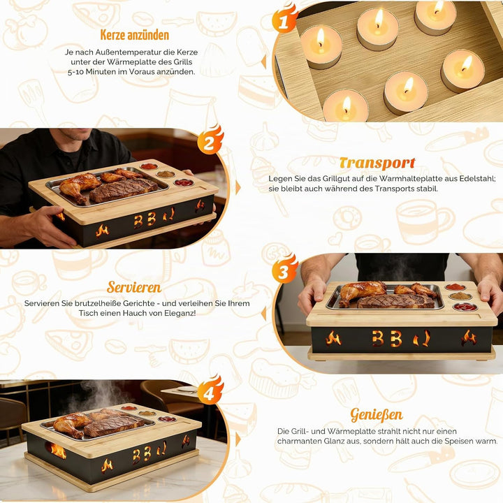 Warmhalteplatte Grillgut, Holz Speisenwärmer mit 304 Edelstahl Grillplatte und Dip-Schale, BBQ Fleis