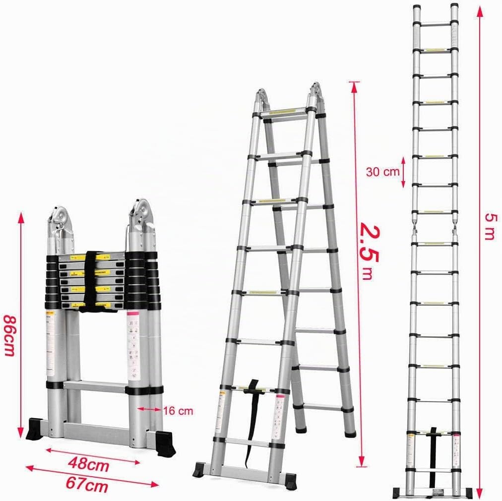 5m (2,5+2,5) Aluminium Mehrzweckleiter Teleskopleiter Ausziehbar Leiter Klappleiter Anti-Rutsch Stuf