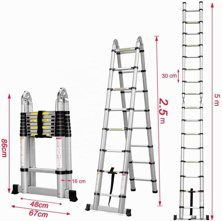 5m (2,5+2,5) Aluminium Mehrzweckleiter Teleskopleiter Ausziehbar Leiter Klappleiter Anti-Rutsch Stuf
