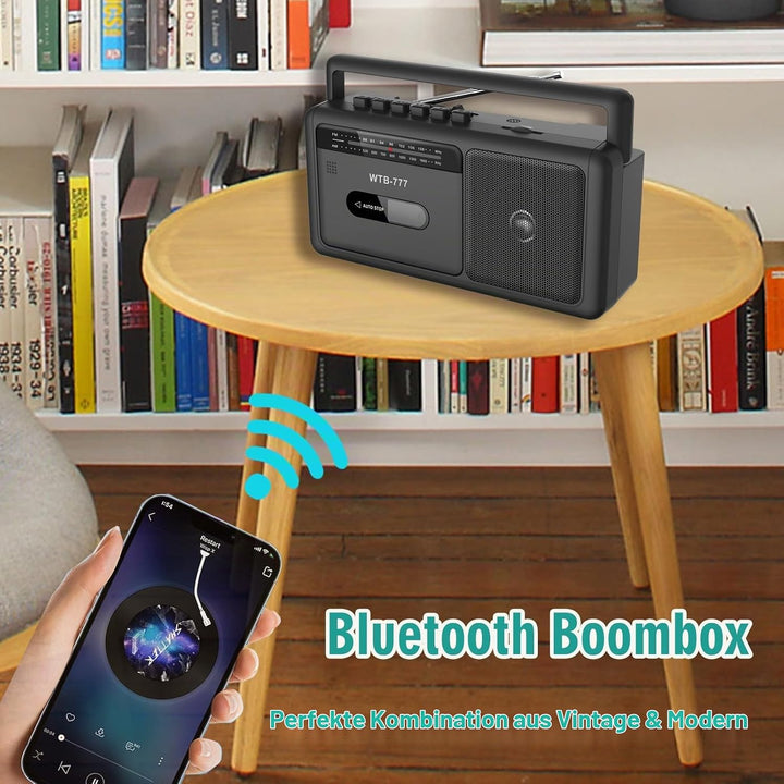 Tragbare Kassettenspieler Boombox,Vintage-AM/FM-Stereoradio mit Bluetooth, USB, Kopfhöreranschluss,