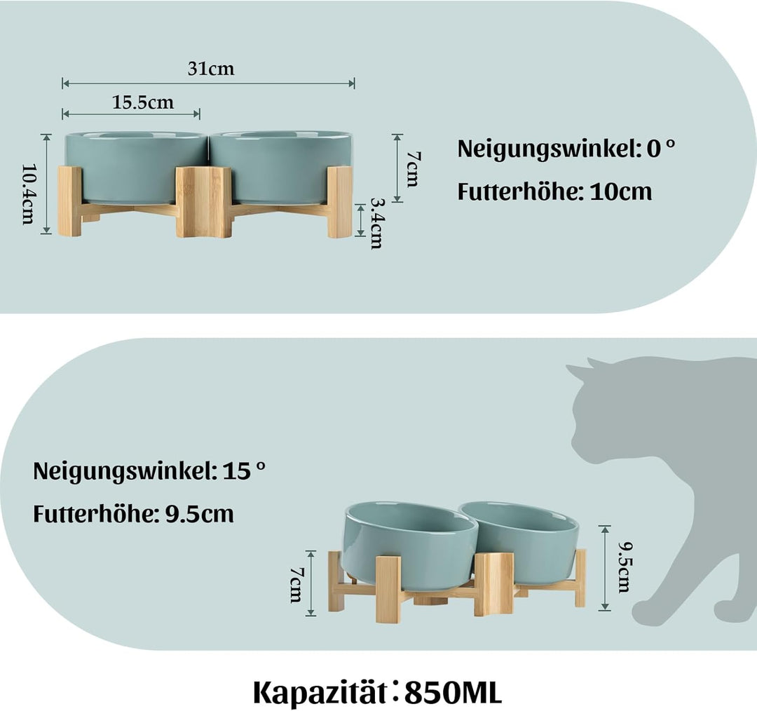 SPUNKYJUNKY 15° Kippbare Keramik Hundenapf mit Holzständer Futter und Wassernapf rutschfest für Hund