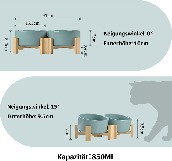 SPUNKYJUNKY 15° Kippbare Keramik Hundenapf mit Holzständer Futter und Wassernapf rutschfest für Hund
