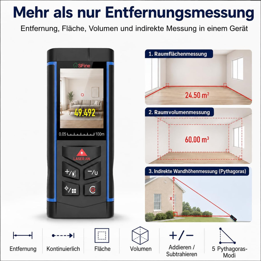 100m Laser Entfernungsmesser mit 6-Fach Kamera, ±2mm Genauigkeit, Elektronische Wasserwaage, Echtzei