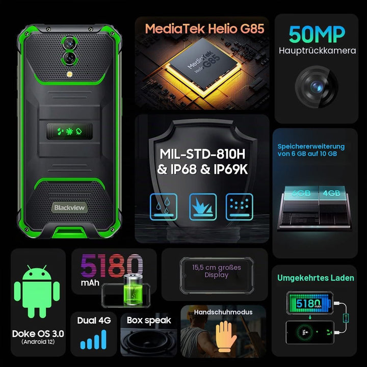 Blackview BV7200 Outdoor Handy ohne Vertrag, 50MP Dual Kamera, Helio G85 6GB+128GB, IP68 Android 12