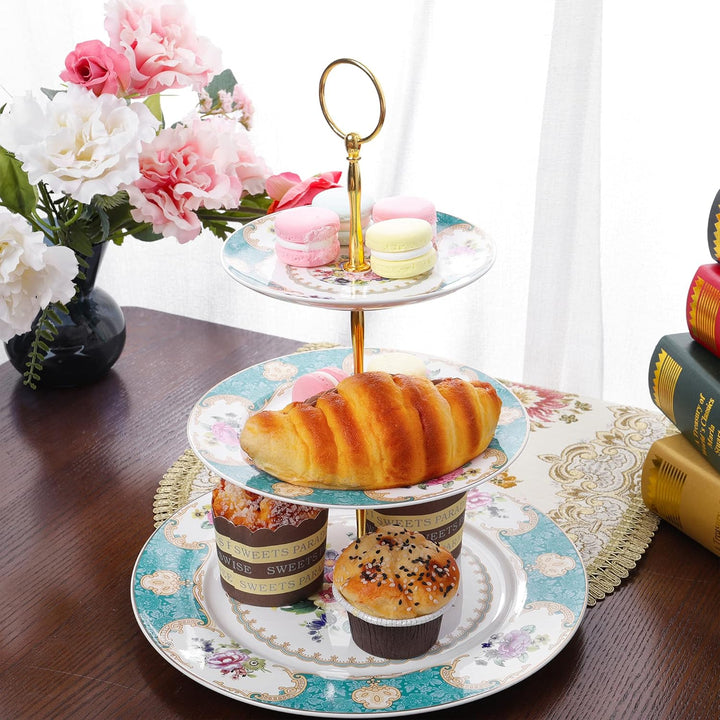 fanquare 3 Stufig Porzellan Tortenständer, Blau Blumen Vintage Cupcake Ständer, Anzeigeturm Tablett