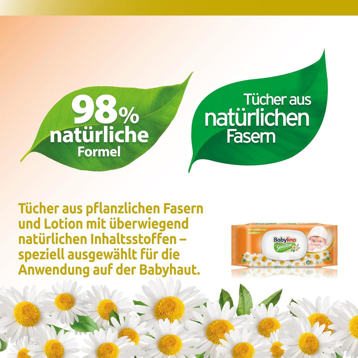 Babylino Sensitive Baby Tücher mit sanftem Kamille-Duft, 98% natürliche Formel, die den pH-Wert der