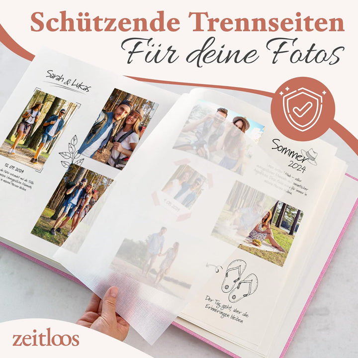 Fotoalbum zum Einkleben - Platz für 500 Fotos (100 Seiten oder 50 Blatt). Echtes leinen in rosa Foto