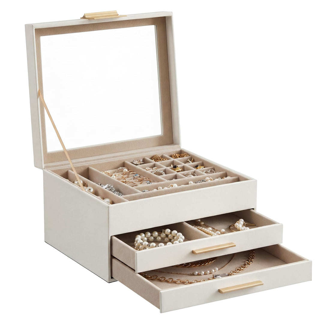 SONGMICS Schmuckkästchen mit Glasdeckel Schmuckkasten mit 3 Ebenen, Schmuckbox mit 2 Schubladen, Sch