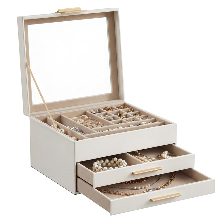 SONGMICS Schmuckkästchen mit Glasdeckel Schmuckkasten mit 3 Ebenen, Schmuckbox mit 2 Schubladen, Sch
