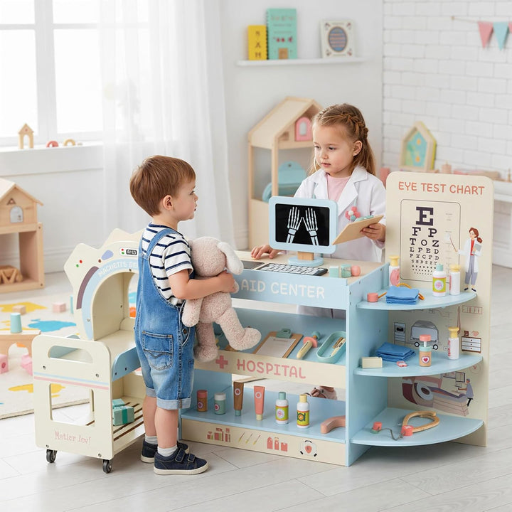 DREAMADE Arztspielset für Kinder, Krankenhaus aus Holz mit Sehtest, CT-Spielgerät & Röntgenapparat,