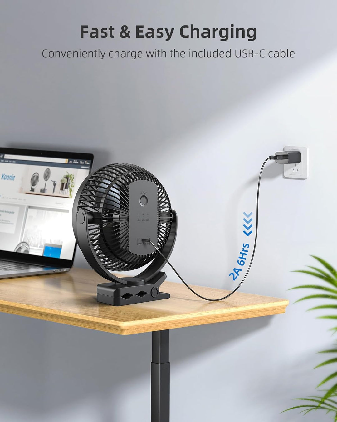 Koonie 20cm Tragbarer Clip-On-Ventilator, USB-Tischventilator mit 10.000 mAh Akku, 4 Geschwindigkeit
