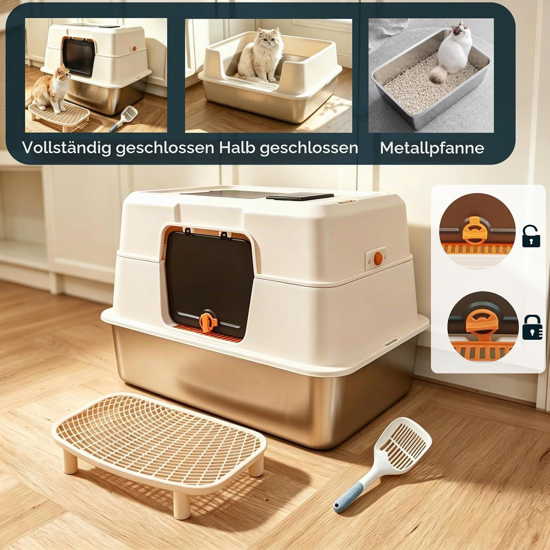 Geschlossene Edelstahl Katzentoilette, Extra Gross mit Vorder- &amp; Topfeinstieg, Geruchsdicht – inkl.