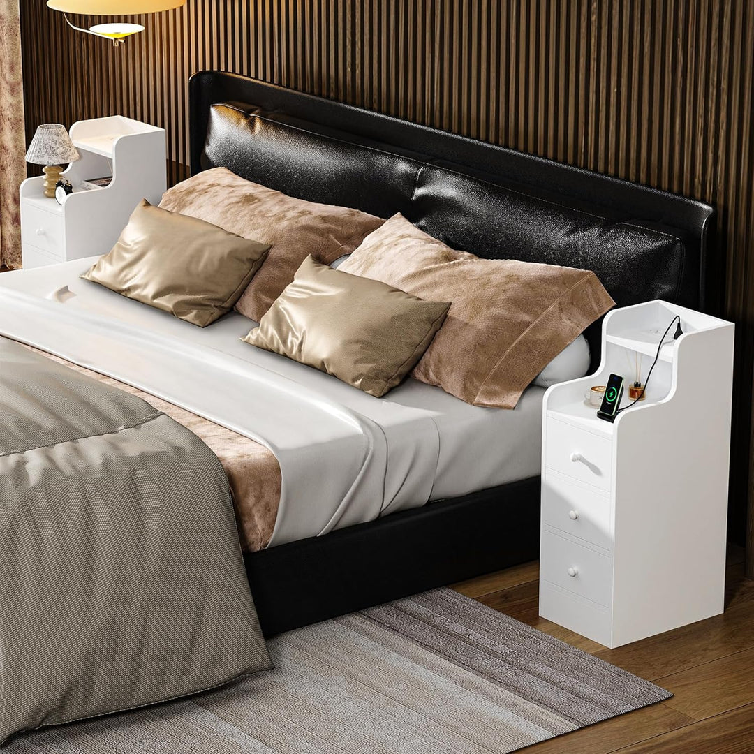 PIPIPOXER Nachttisch 2er Set mit Steckdose & USB, Schmaler Nachttisch, Nachtschrank Weiss Hochglanz