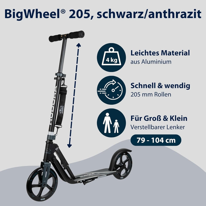 HUDORA BigWheel 205 Scooter - Stabiler Aluminium-Roller - Höhenjustierbarer & zusammenklappbarer Cit