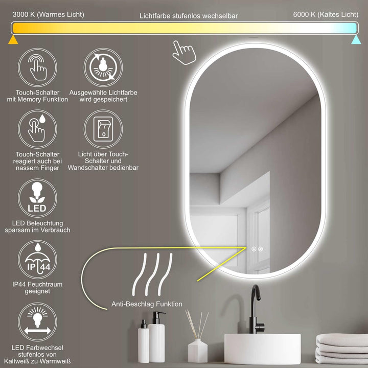 HOKO Design LED ANTIBESCHLAG Badezimmer Spiegel oval 45 x 75 cm. HOCH + QUER Montage möglich. Badspi