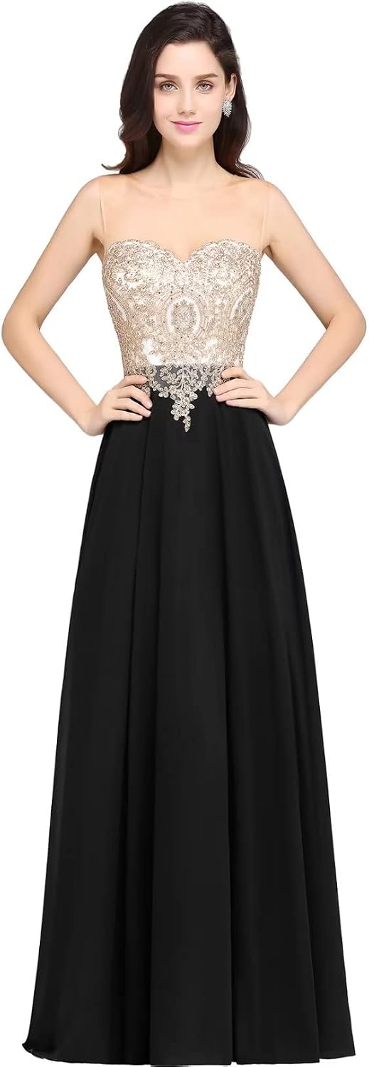 Misshow Abendkleid Chic Lang mit floralen Applikationen aus Chiffon Gr. 30 Schwarz, 30 Schwarz