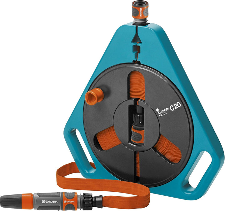 Gardena Classic roll-fix Flachschlauch 20 mit Kassette: Platzsparende Schlauchkassette & Wasserdieb: