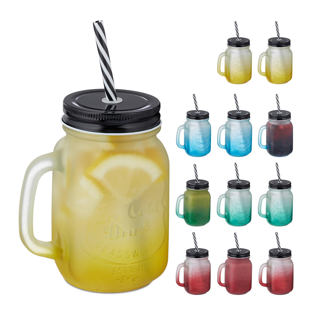 Relaxdays Trinkgläser mit Deckel und Strohhalm, 12er Set, 400 ml, Frosted-Optik, Sommergläser mit He