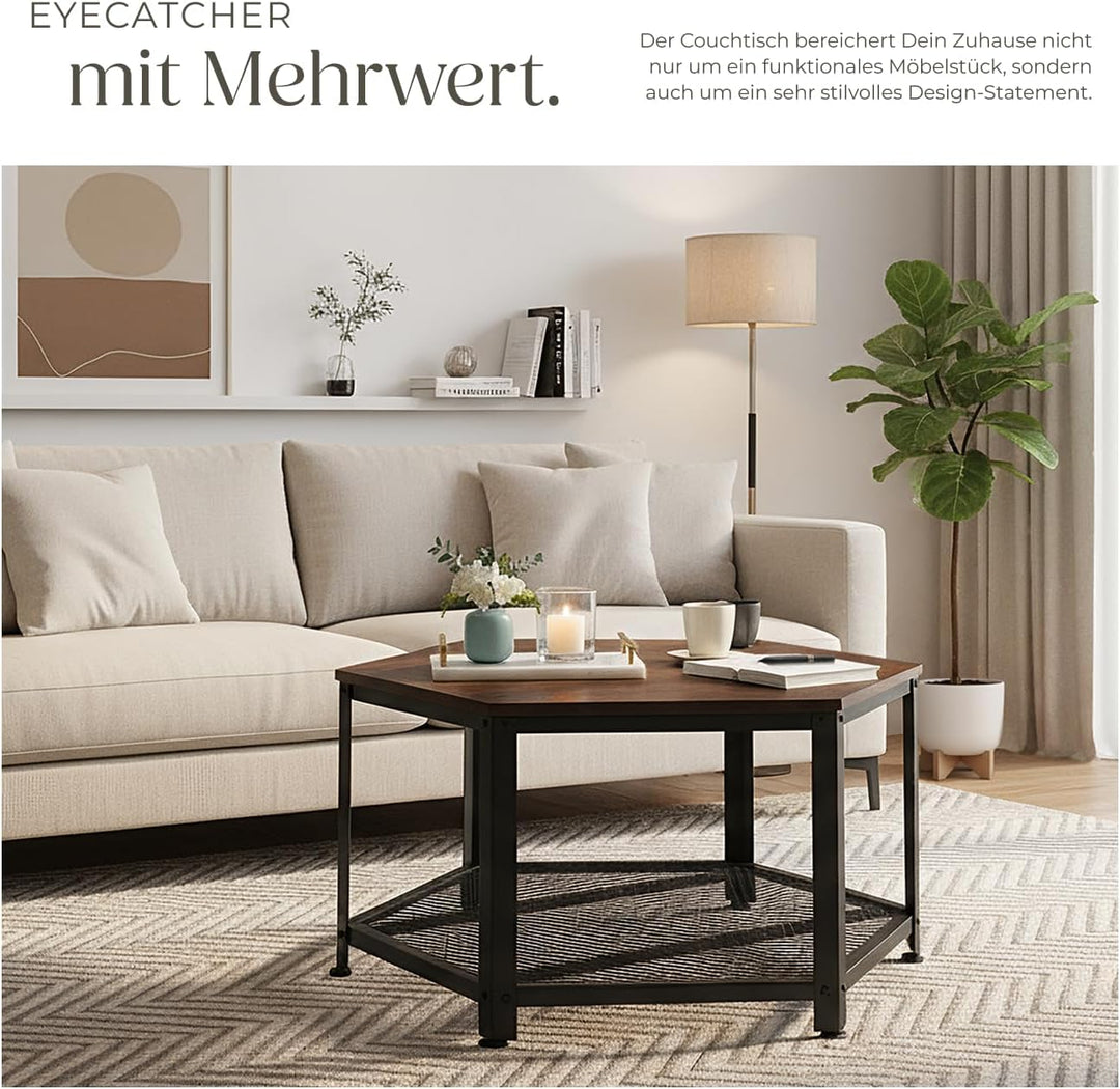 tectake® ausgefallener Couchtisch Holz und Metall, Wohnzimmertisch mit Stauraum, Beistelltisch Couch