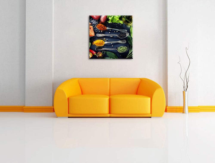 Feine Gewürze auf Löffeln, Format: 70x70 auf Leinwand, XXL riesige Bilder fertig gerahmt mit Keilrah