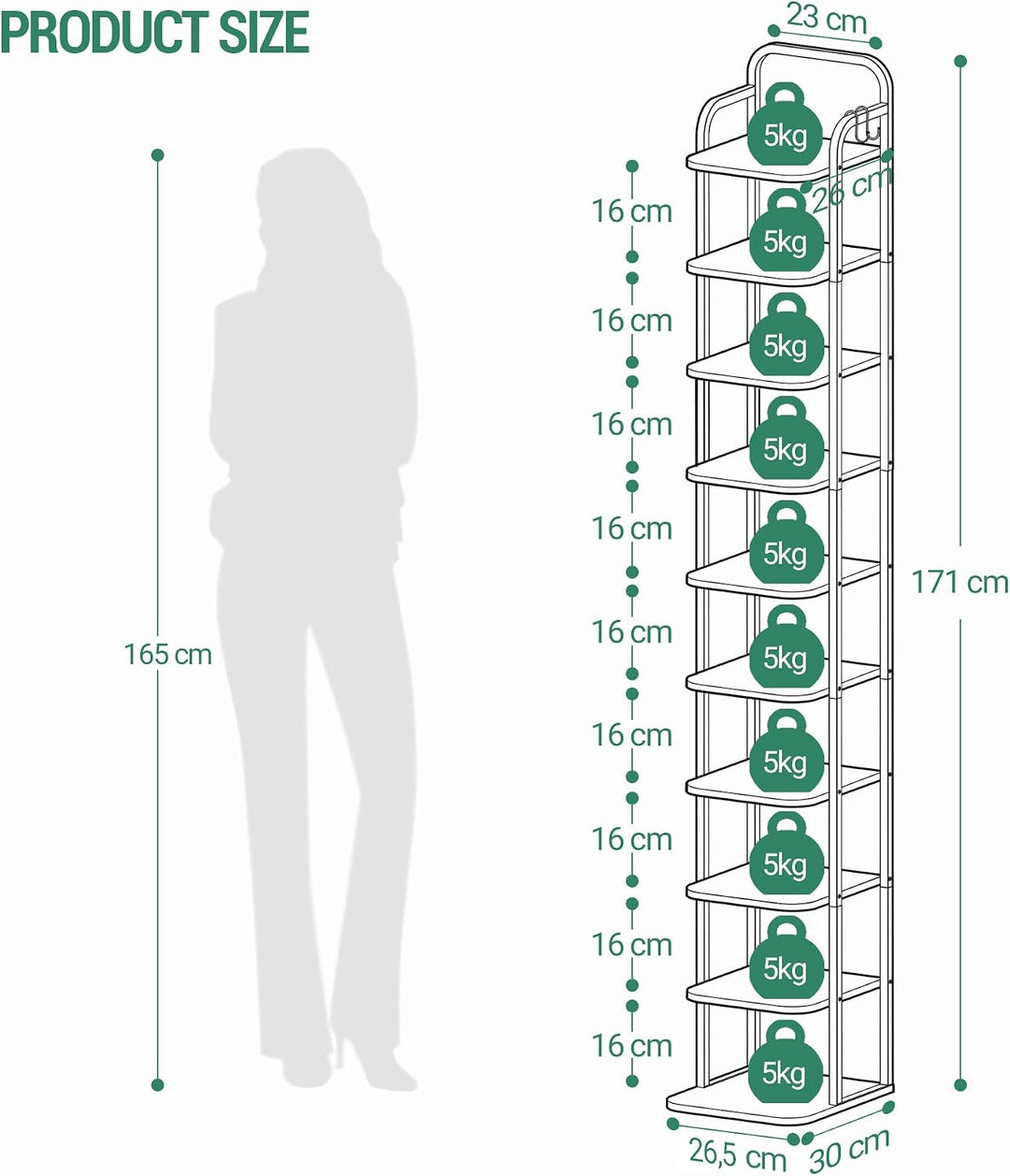 Hzuaneri Vertikales Schuhregal, 10-Stöckige Schuhregale, Schuhturm Für Kleine Räume, Freistehend, Ve