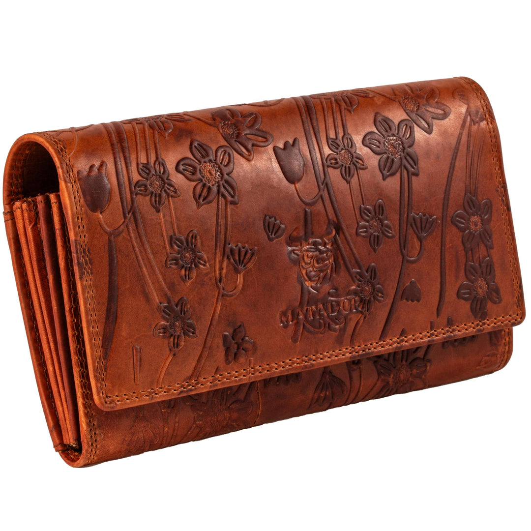 MATADOR Damen Leder Geldbörse Blumen TÜV geprüfter RFID & NFC Schutz Vintage Braun Printed Braun, Pr
