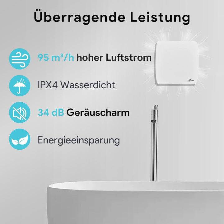 Badlüfter 100mm, ≤34db Leiser und Leistungsstarker Abluftventilator, 12W 95m³/h IPX4 Wandventilator