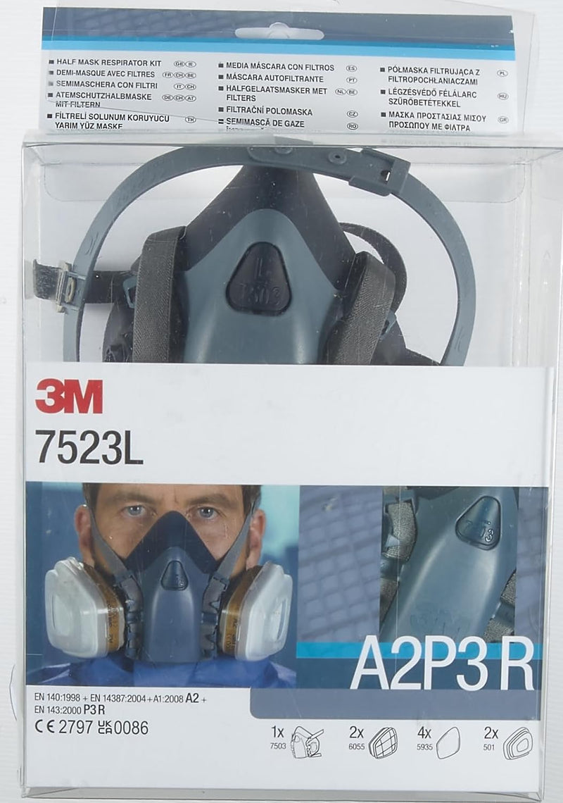 3M Gase-& Dämpfe-Maskenset mit 1 Stück 7503 Halbmaske (Grösse L), 2 Stück 6055 A2 Gasfilter, 4 Stück