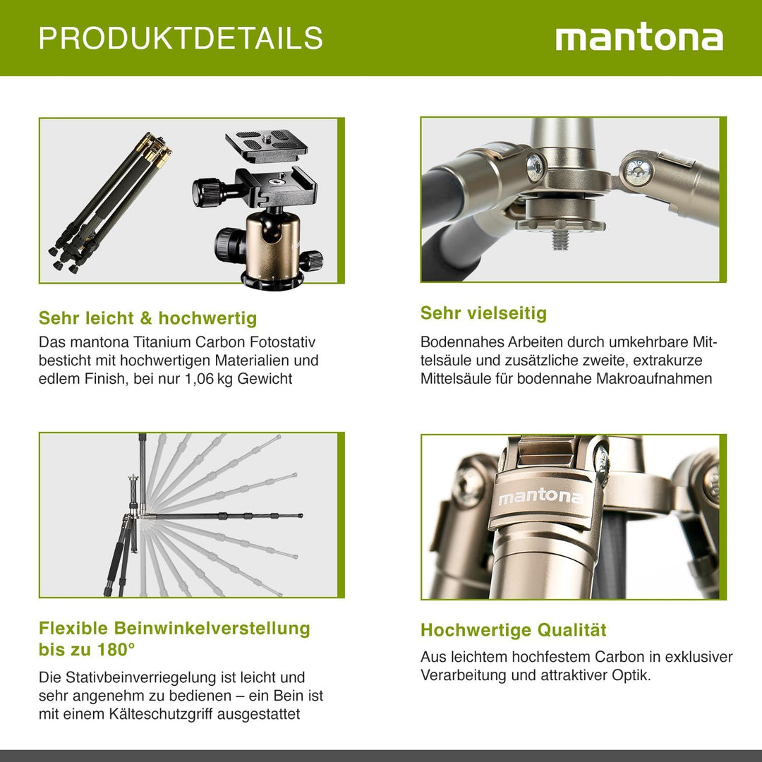 Mantona Titanium Carbon Kamerastativ mit Kugelkopf inkl. Schnellwechselplatte